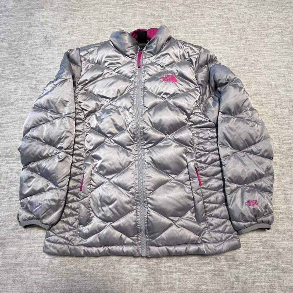The North Face Girls L (14/16) 550‎ Down Jacket – Silver Gray with Pink Lining
